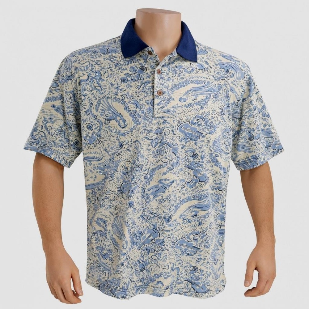 Kamehameha Hawaiian Polo Shirt XL Ukuleles Floral Dancing Ladies Blue Tan